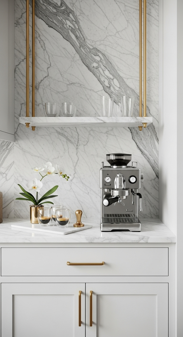 Elegant marble and gold coffee nook with Italian espresso machine floating shelf glassware and orchid