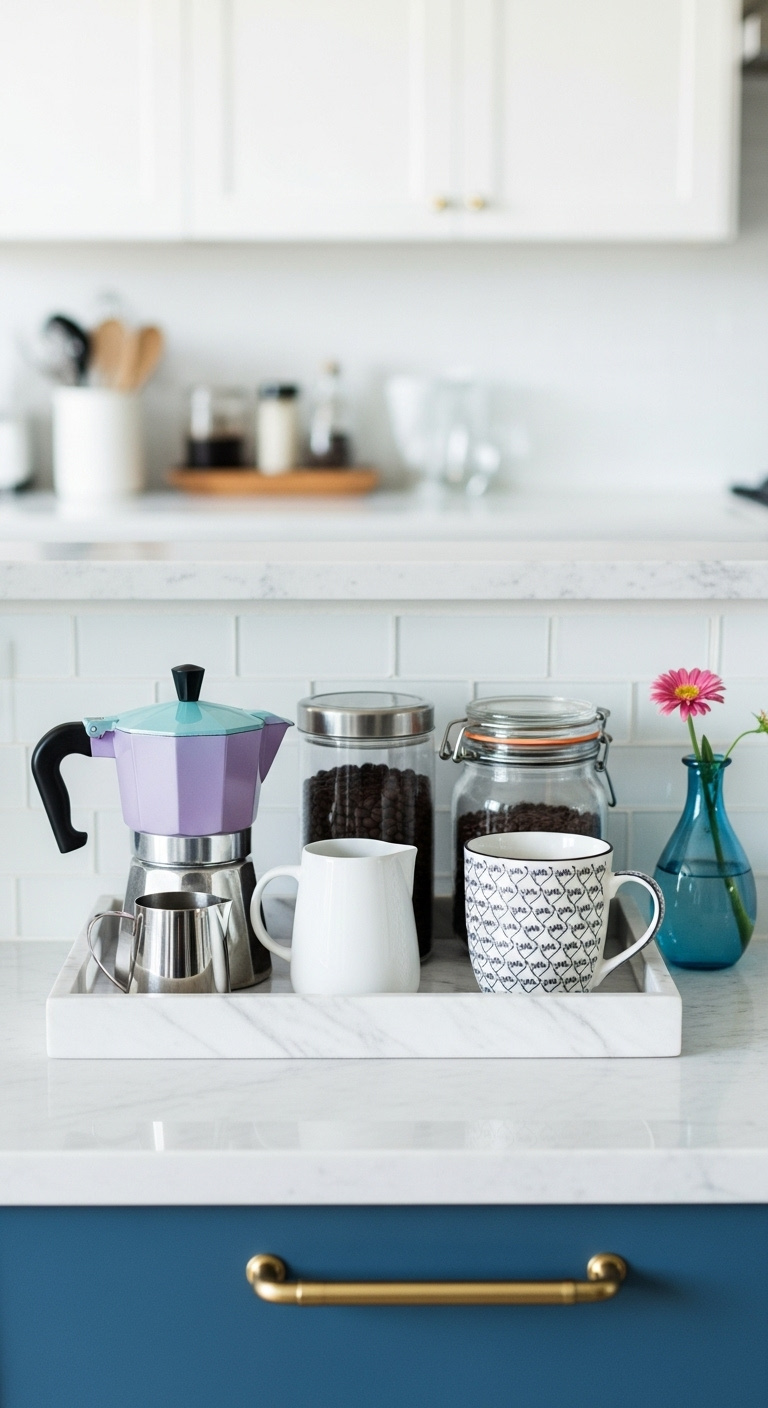 Elegant marble tray on a kitchen counter containing an espresso maker milk frothing pitcher coffee beans and a mug