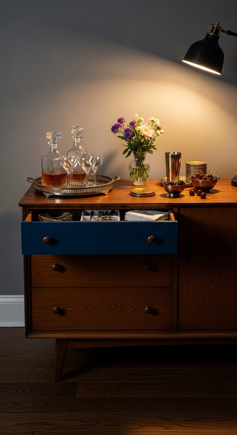 Elegant repurposed navy dresser bar with decanters cocktail glasses and flowers on a dark hardwood floor in a moody basement
