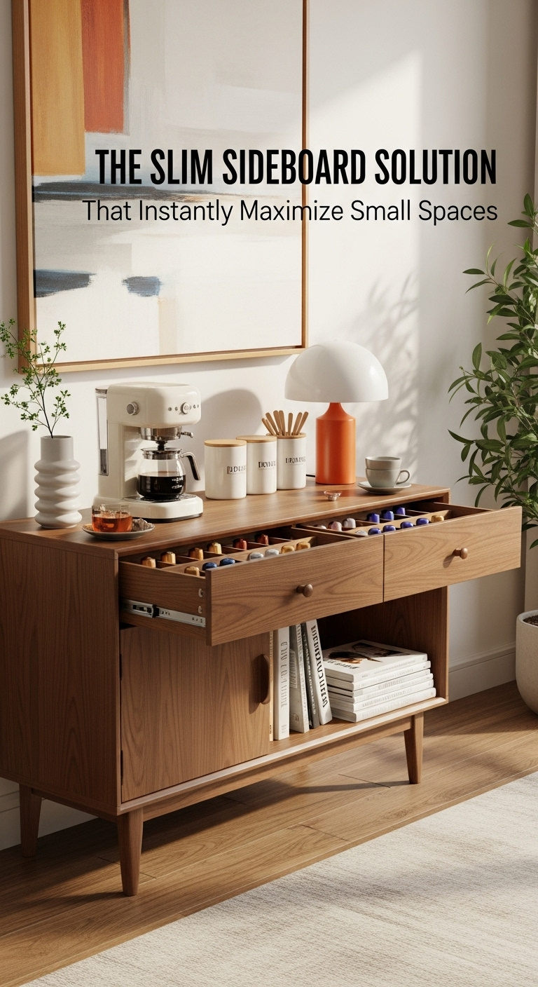 Elegant slim walnut sideboard coffee bar with retro drip coffee maker ceramic canisters and organized espresso pods