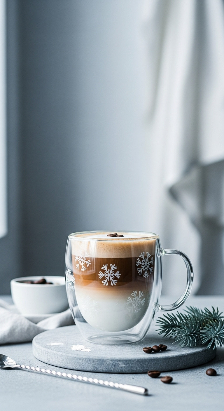 Elegant snowflake glass cup with a layered latte, silver stir stick, and coffee beans on a gray stone surface