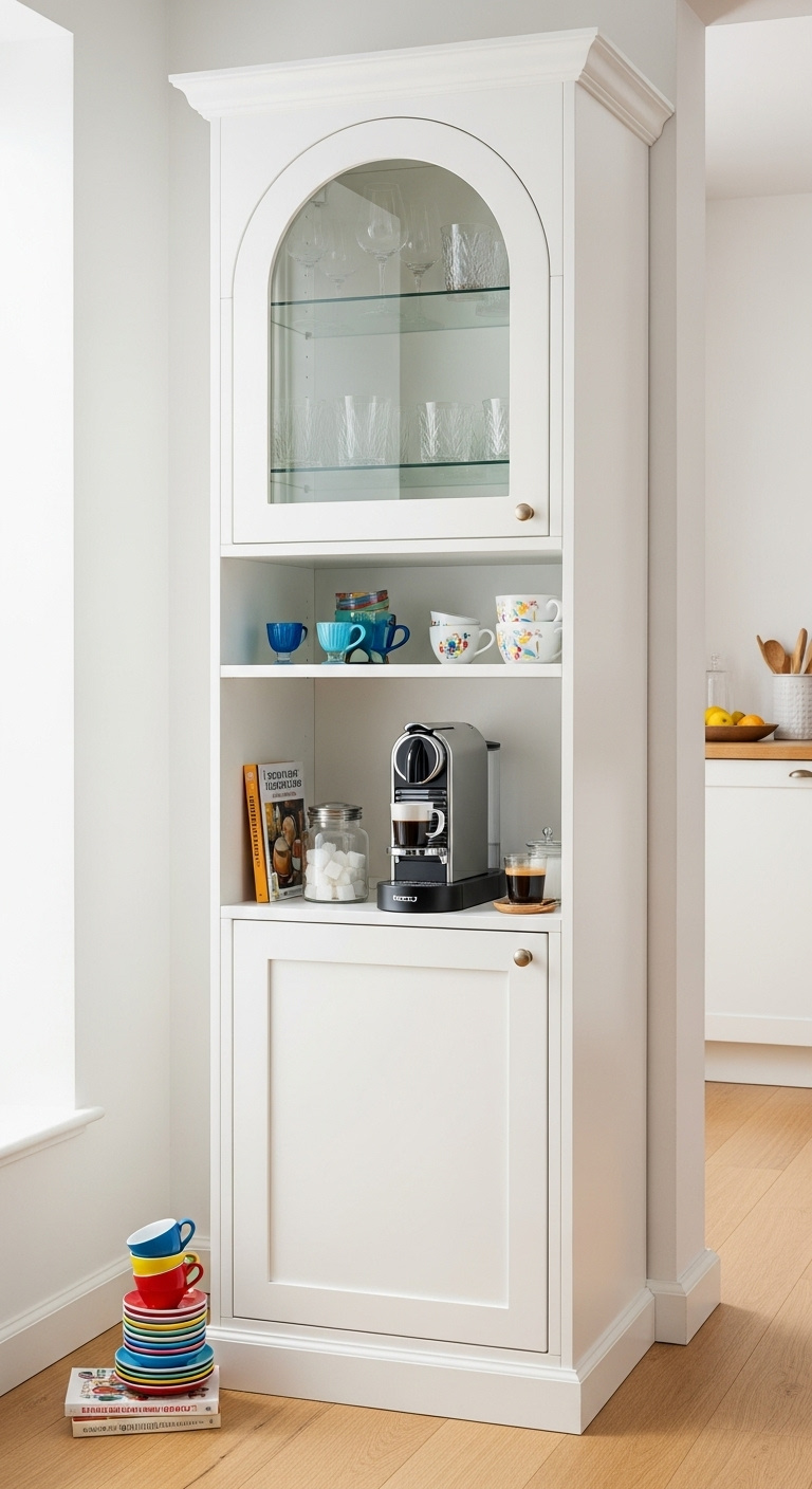 Elegant standalone white arched cabinet in kitchen nook with glassware and Nespresso machine