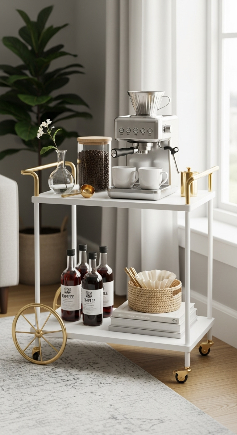 Elegant white and gold rolling coffee cart with drip coffee machine beans and mugs in a bright modern apartment