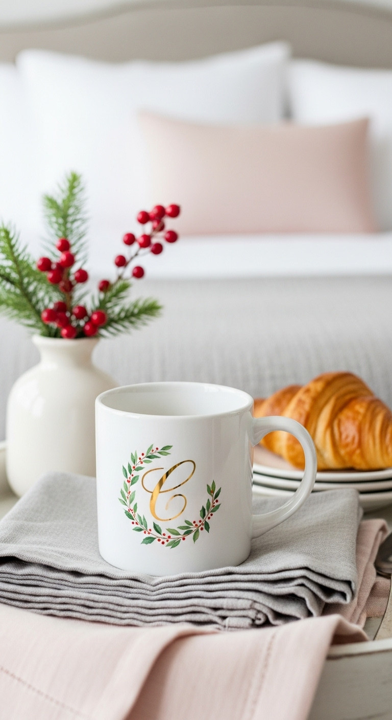 Elegant white ceramic monogram mug with a gold 'C' and holly wreath on a breakfast tray with a croissant and winter berry sprig