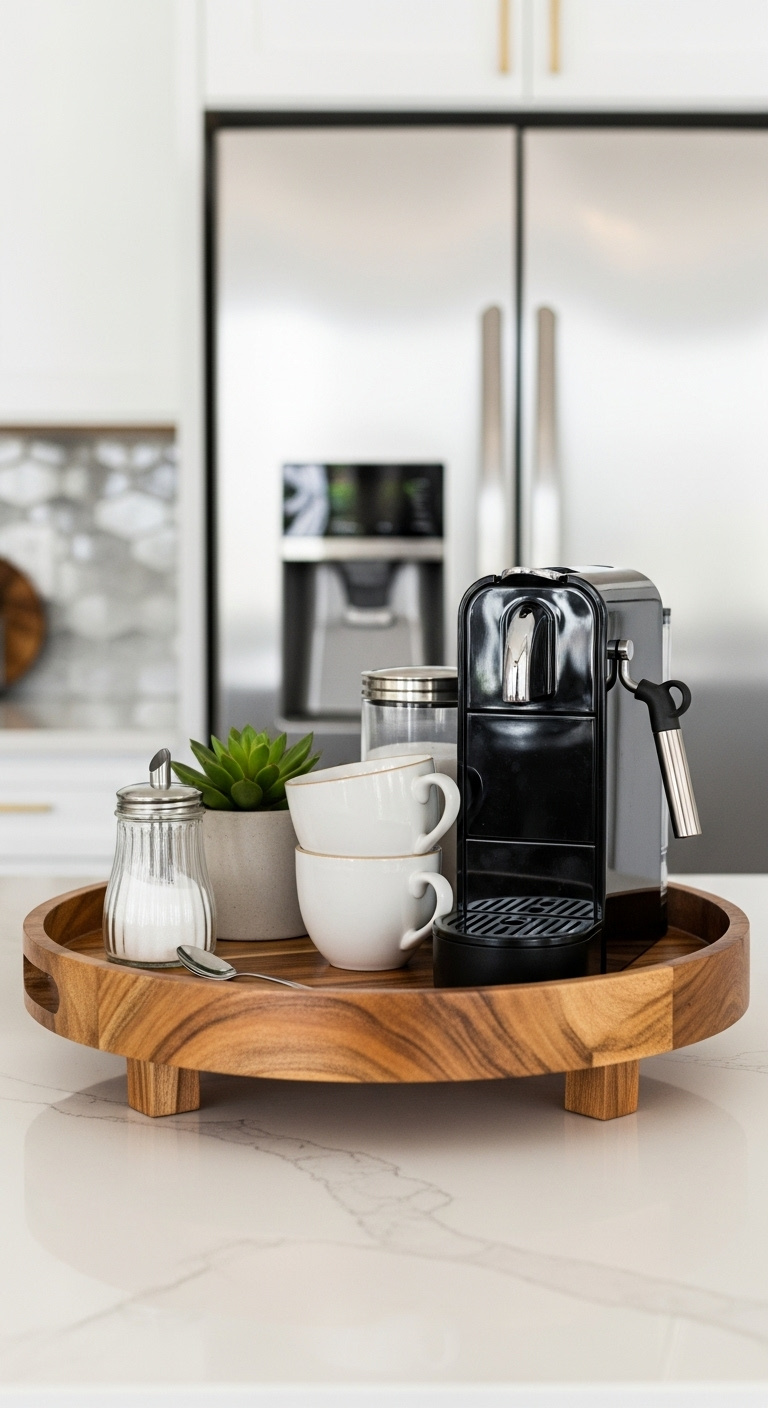 Elegant wooden tray with espresso machine mugs and succulent on a white quartz countertop next to a stainless steel refrigerator