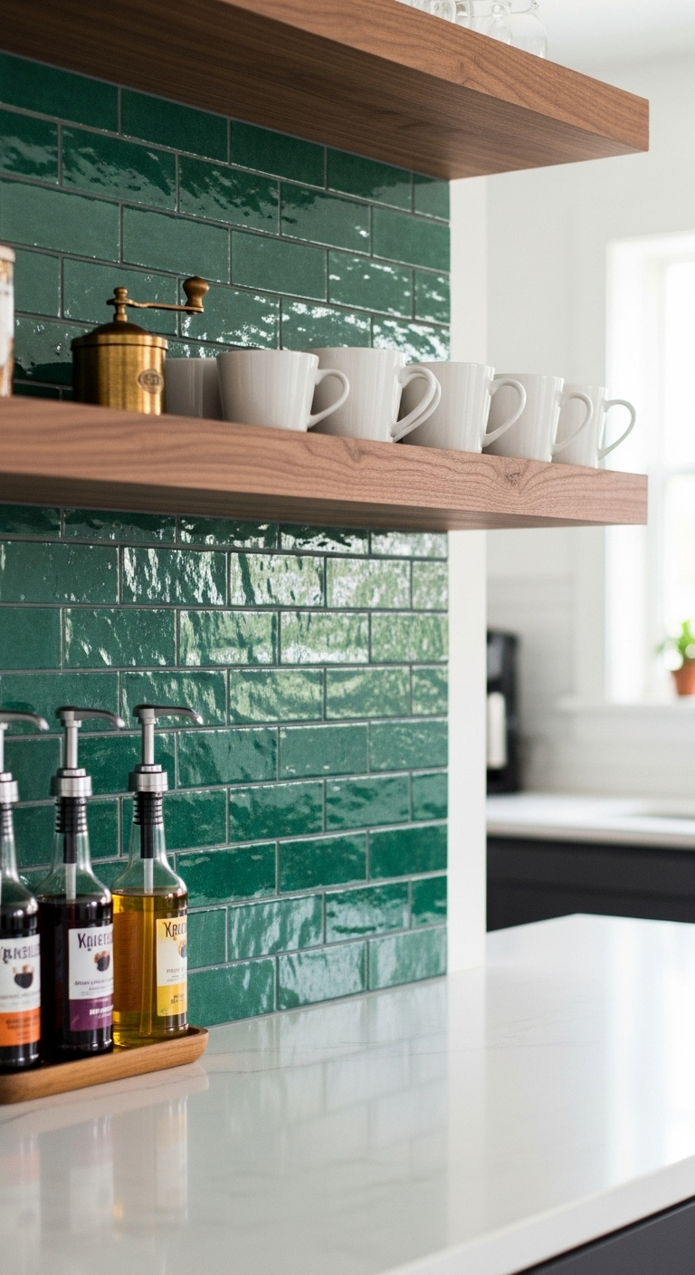 Emerald green zellige tile backsplash with walnut wood floating shelf and coffee bar accessories on white quartz countertop
