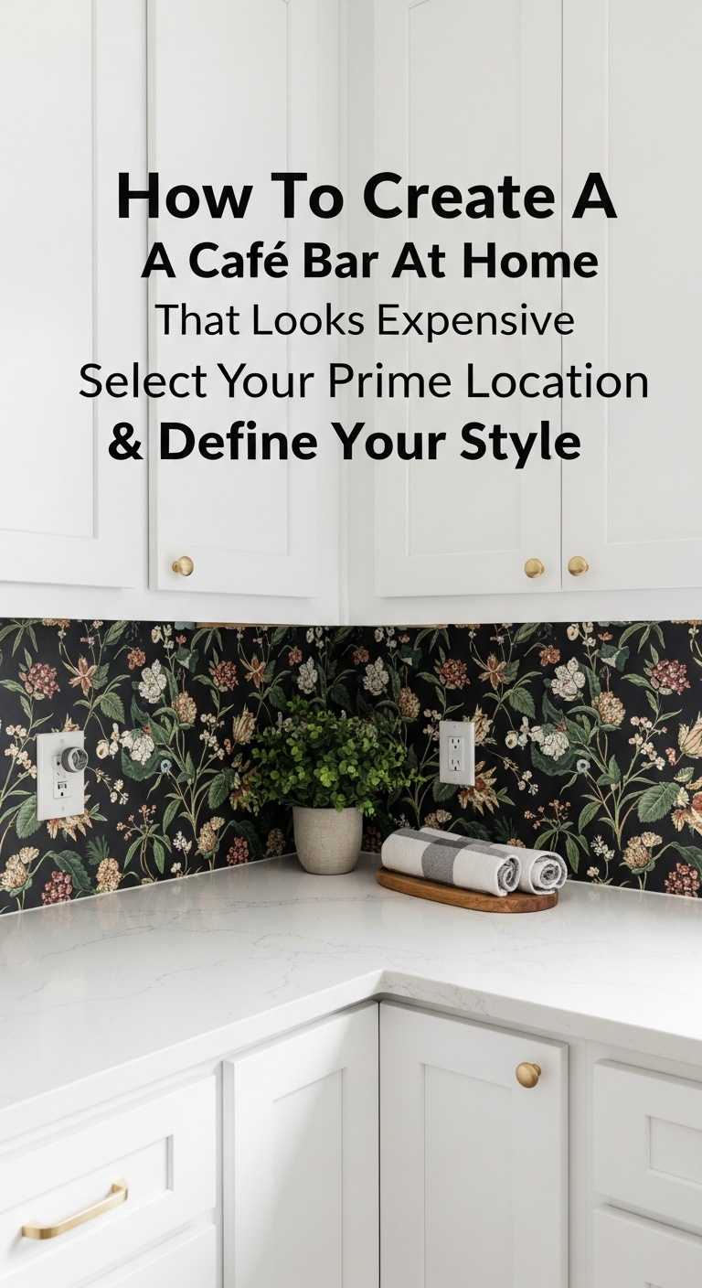 Empty coffee nook in a kitchen corner with dark floral wallpaper backsplash, white cabinets, quartz countertop, and a potted plant