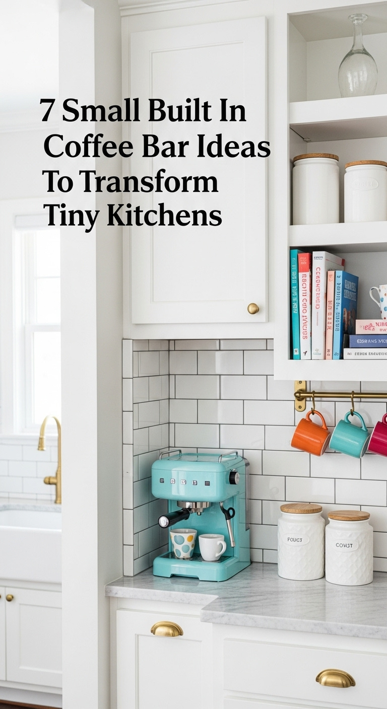 End of cabinet niche built in coffee station with subway tile backsplash retro espresso machine and open shelves