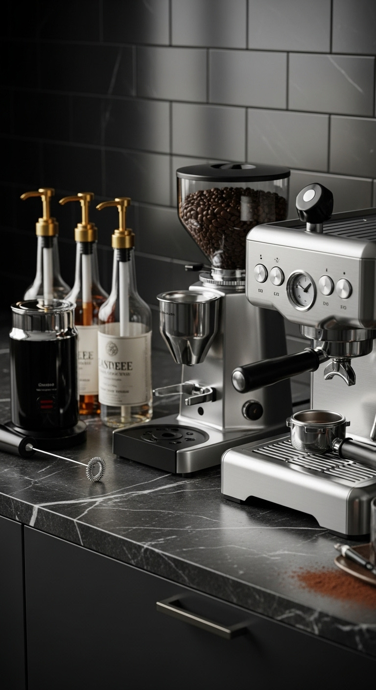 Essential coffee appliances and accessories including a stainless steel espresso machine, burr grinder, and milk frother