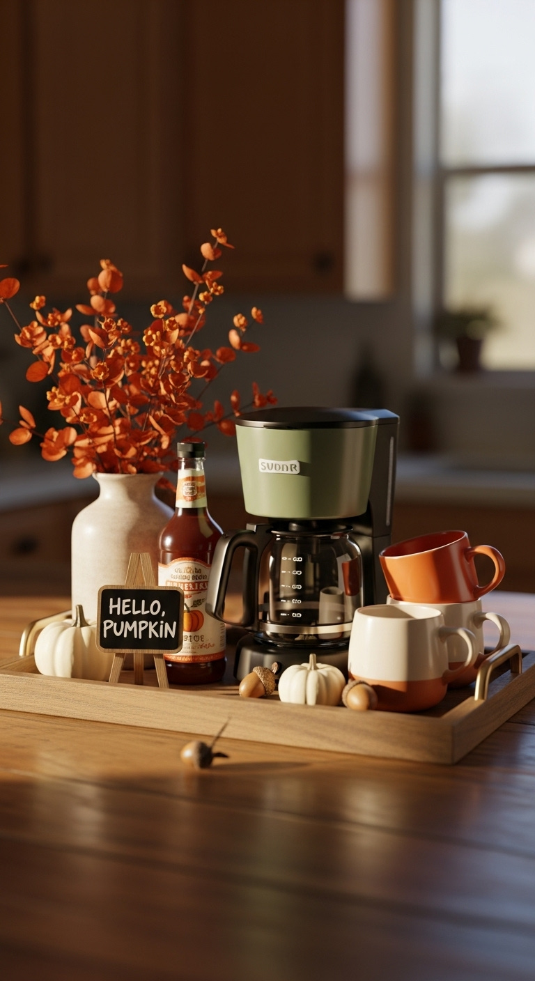 Fall-themed coffee bar with coffee maker pumpkin spice syrup mugs and chalkboard sign
