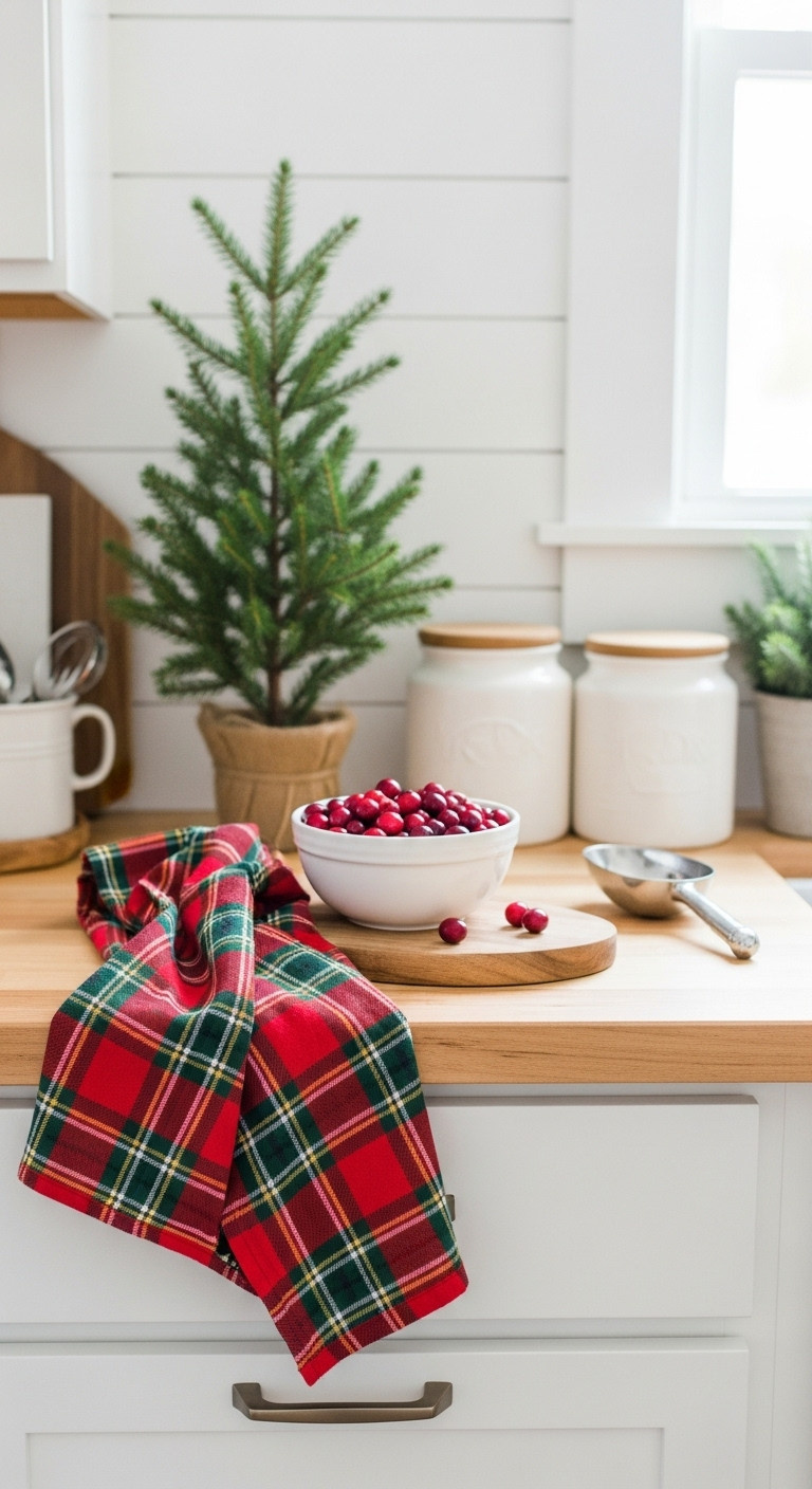 Farmhouse coffee bar with red and green plaid tea towel bowl of cranberries and evergreen tree on a butcher block countertop
