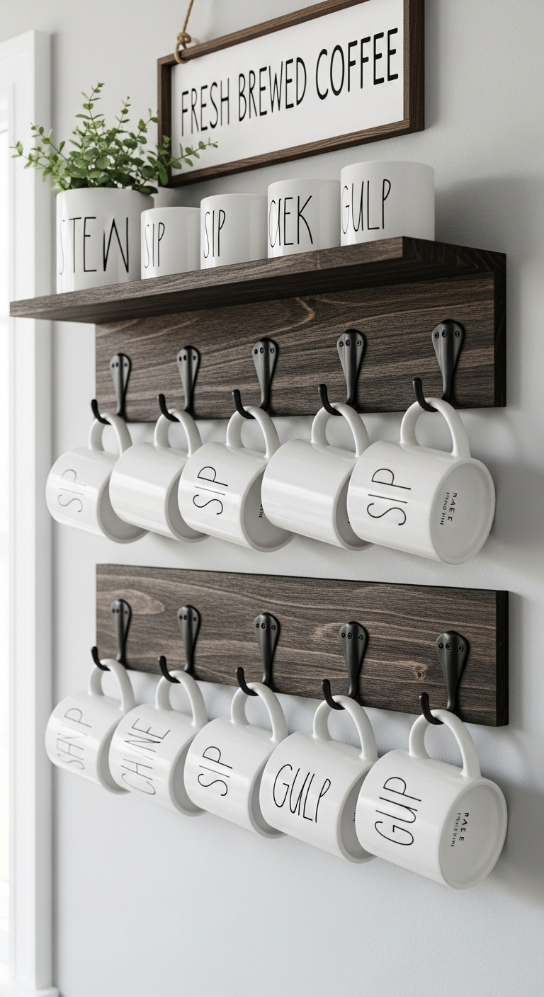 Farmhouse coffee mug rack with dark wood and black metal hooks holding white Rae Dunn style mugs on light gray wall