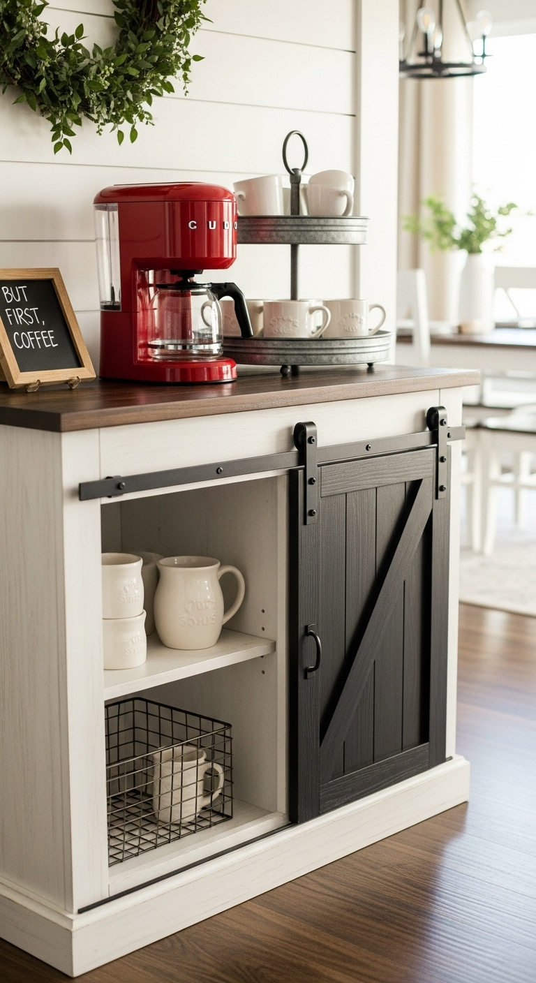 Farmhouse sideboard with sliding barn door coffee bar featuring a red retro coffee maker and white ceramic mugs against a shiplap wall