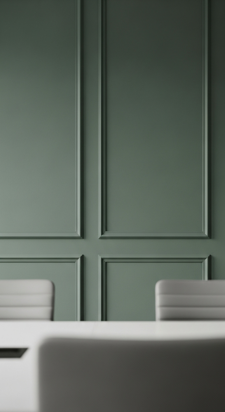 Feature wall in a creative agency meeting room with dark sage green paint and matching picture frame molding creating a custom elegant look