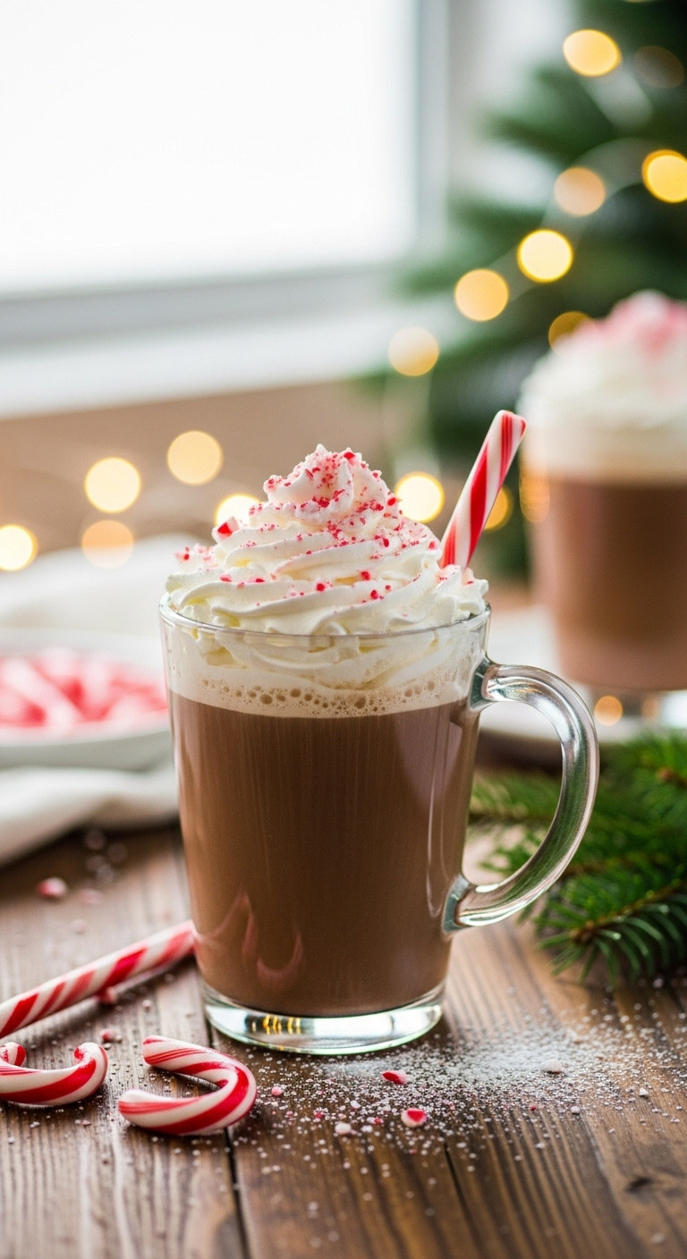 Festive Candy Cane Mocha with whipped cream, crushed candy canes, and a whole candy cane on a rustic wooden table