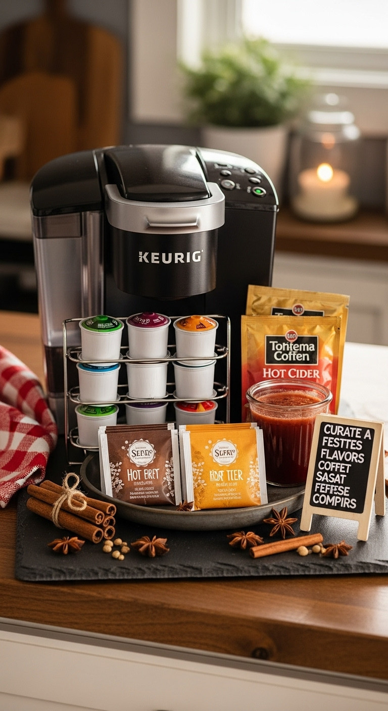 Festive Christmas coffee bar beverage menu Keurig pods tea bags hot cider cinnamon sticks slate tray cozy holiday drinks