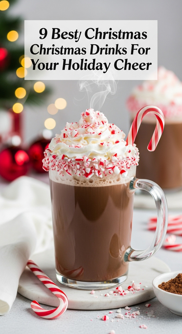 Festive Spiked Peppermint Mocha with whipped cream and crushed candy cane in a glass mug on a white linen tablecloth