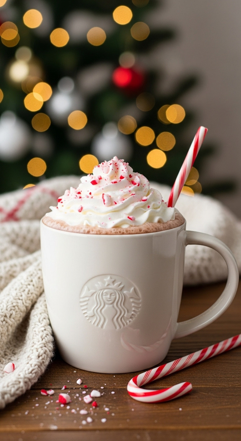 Festive Starbucks Peppermint Hot Chocolate with whipped cream, crushed candy canes, and knit blanket by a Christmas tree