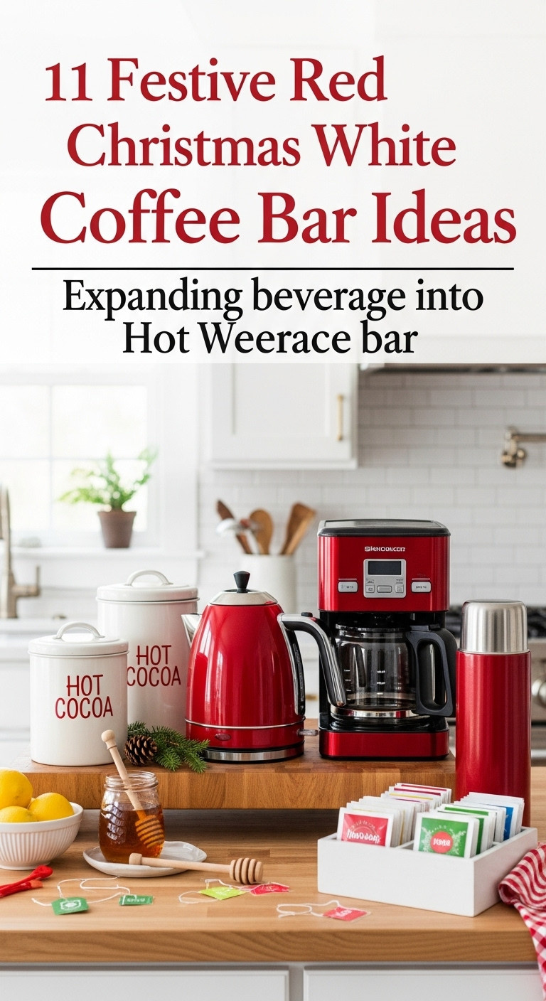 Festive beverage station with red electric kettle coffee maker hot cocoa canister and tea bags on a butcher block countertop