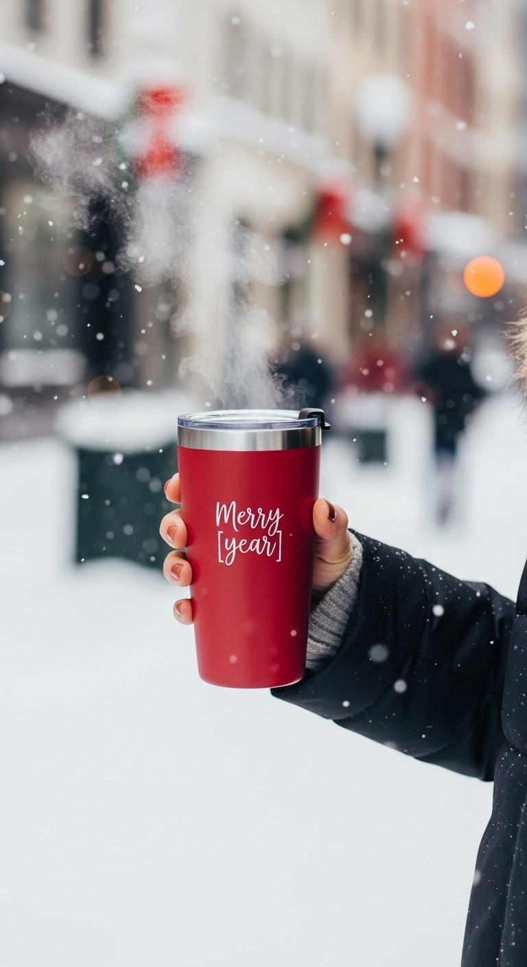 Festive double-walled travel tumbler held by a person in a winter coat on a blurred city street with holiday decorations