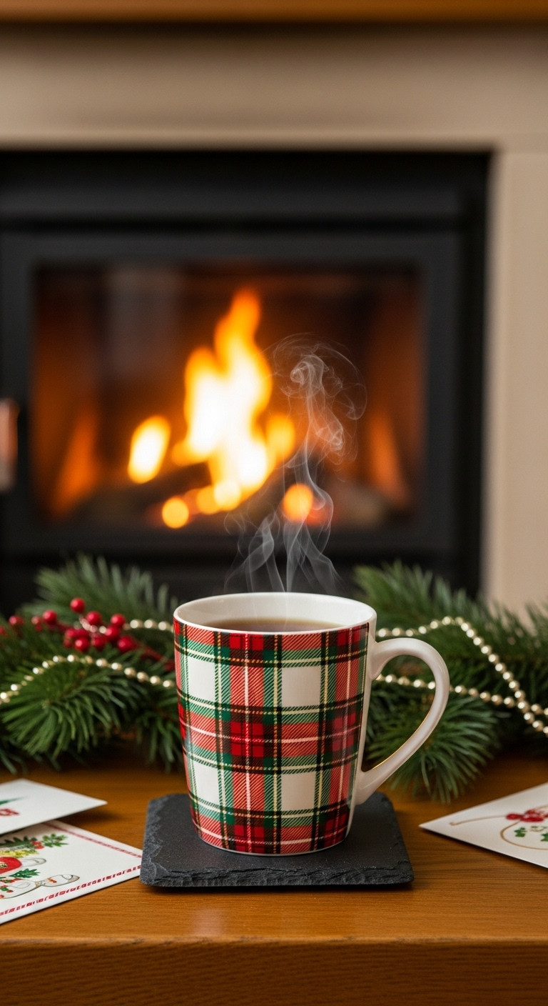 Festive tartan patterned mug with black tea on a dark slate coaster with a blurred fireplace background and Christmas cards