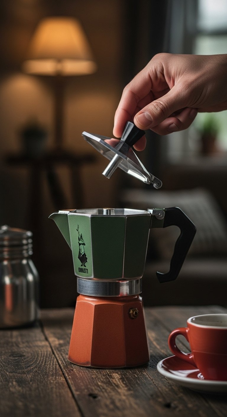Final twist of screwing the top chamber onto the bottom chamber of a classic Bialetti Moka pot