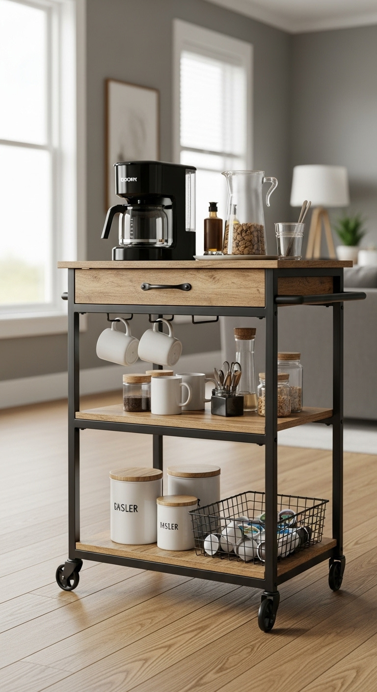 Flexible farmhouse bar cart repurposed as mobile coffee station with wood and black metal frame coffee maker and mugs