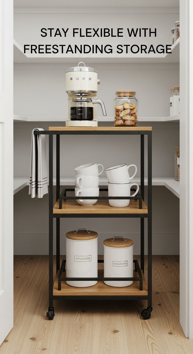 Flexible freestanding storage with black metal and wood rolling bar cart retro coffee maker and biscotti