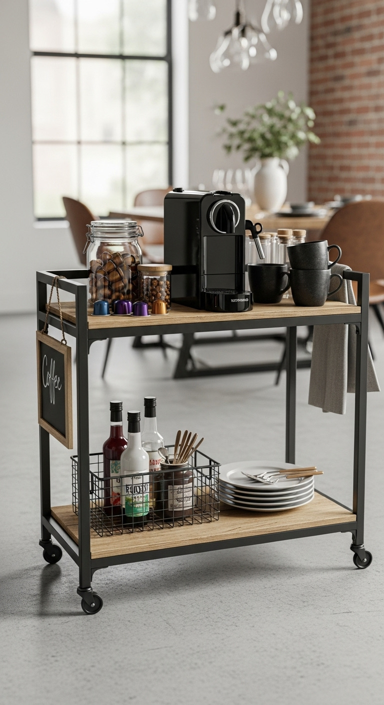 Flexible industrial chic bar cart with matte black frame Nespresso machine and rustic wood shelves