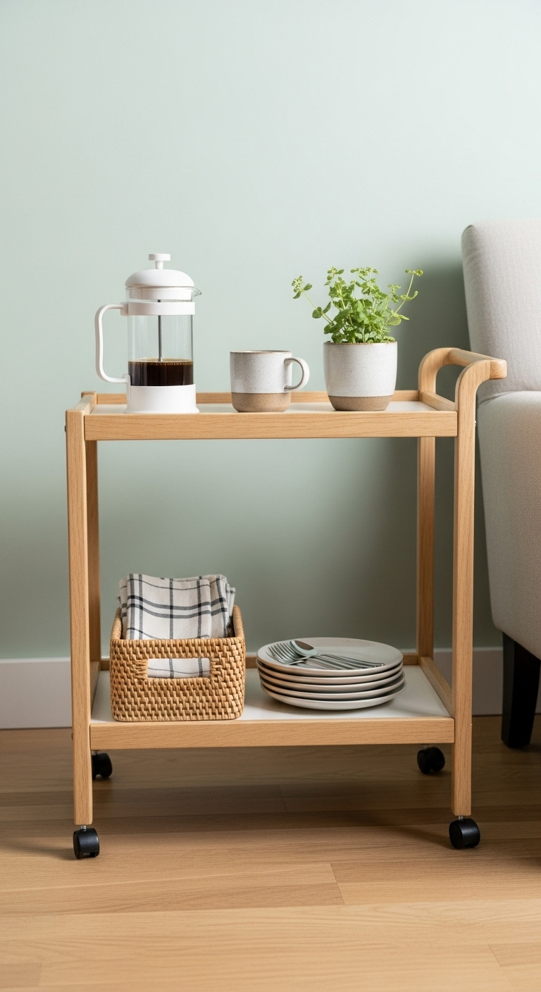 Flexible mobile Japandi coffee cart with a white French press mug plant and rattan basket on a light wood floor
