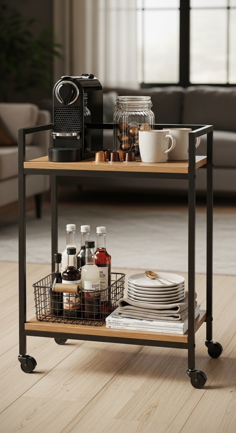 Flexible rolling bar cart with black metal frame wood shelves Nespresso machine and coffee syrups in a cozy living room