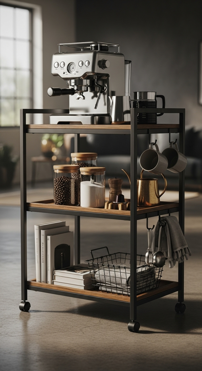 Flexible rolling coffee bar cart in matte black metal and dark wood with espresso machine and organized coffee supplies