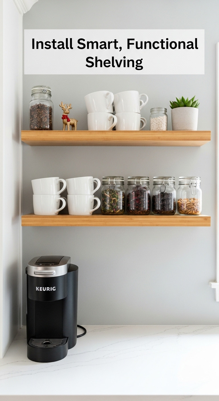 Floating bamboo shelves with stacked white mugs glass jars of tea and tiny reindeer figurine above a Keurig machine