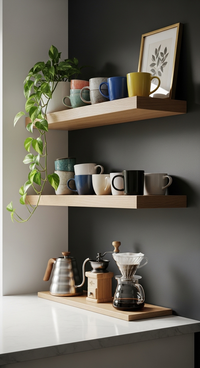 Floating shelf bistro coffee bar with oak shelves, gooseneck kettle, grinder, and colorful mugs on a charcoal wall