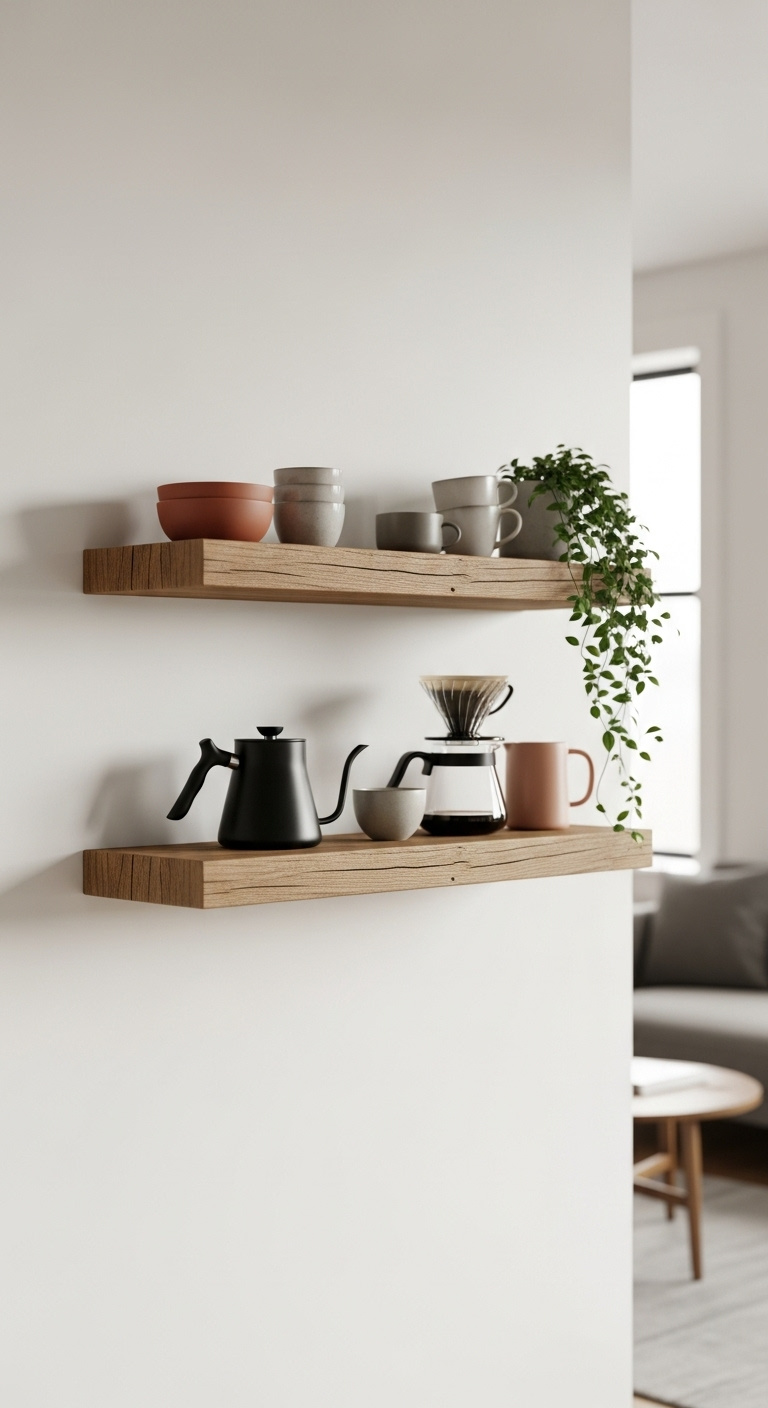 Floating shelf minimalist coffee bar with reclaimed wood shelves pour over setup and ceramic mugs against a white wall