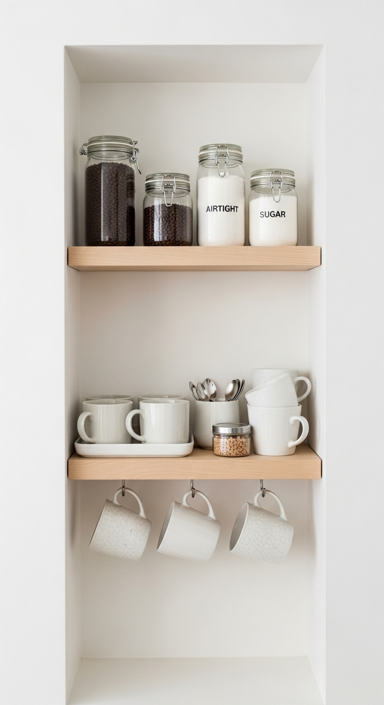 Floating shelves creating a stylish and functional coffee nook in a small space with mugs and coffee canisters