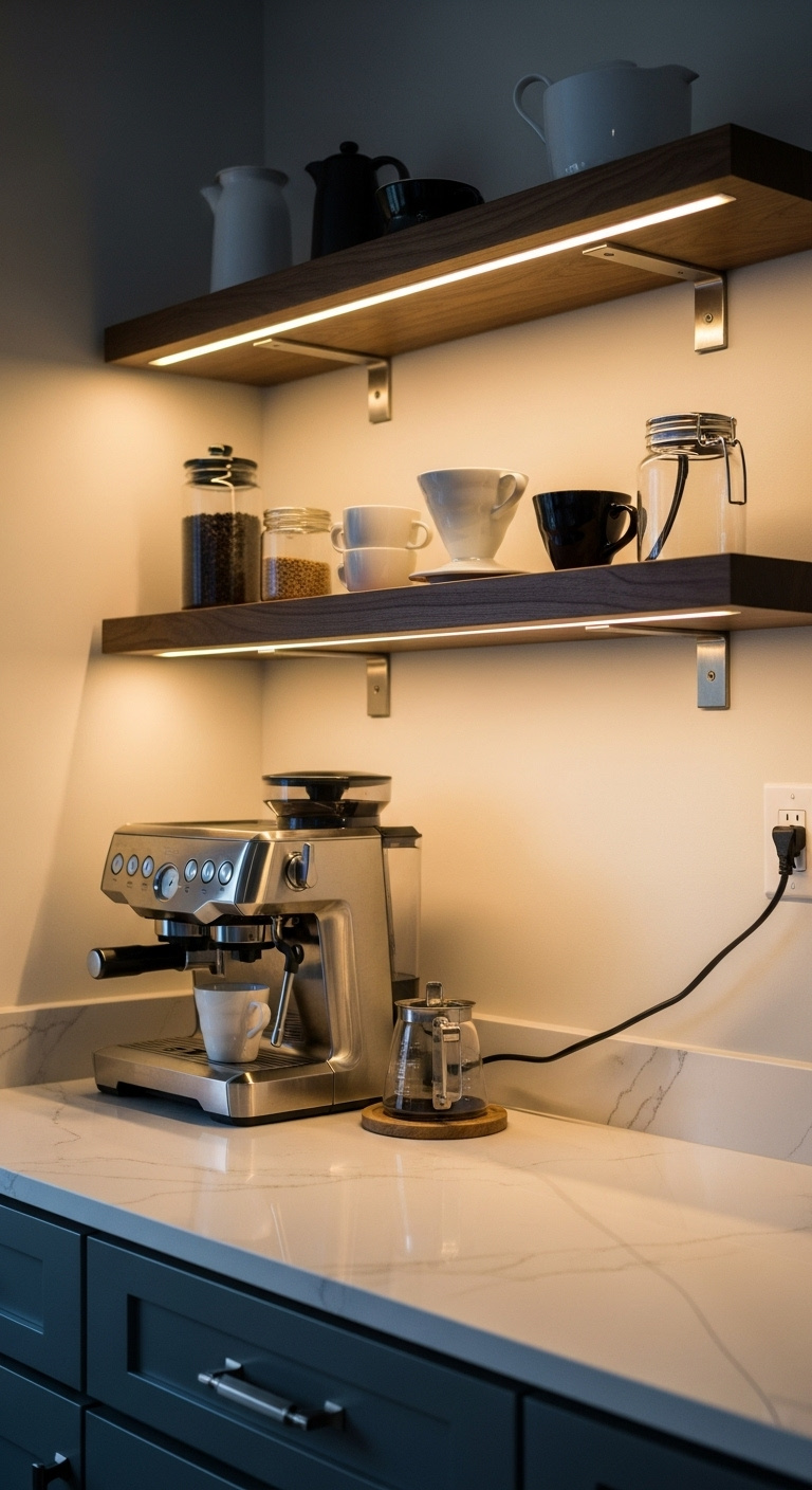 Floating shelves with warm LED light strips illuminating a coffee bar with a coffee maker and mugs below
