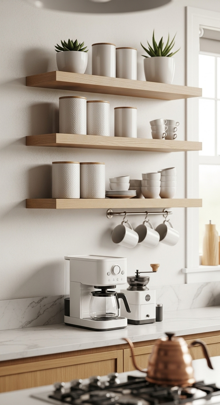 Floating wall mounted coffee bar with light oak shelves white coffee maker and minimalist decor in a bright airy kitchen