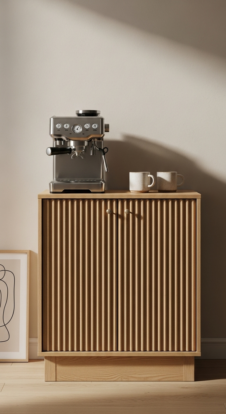 Fluted cabinet statement piece coffee bar with a sleek chrome espresso machine and ceramic mugs on a light oak console