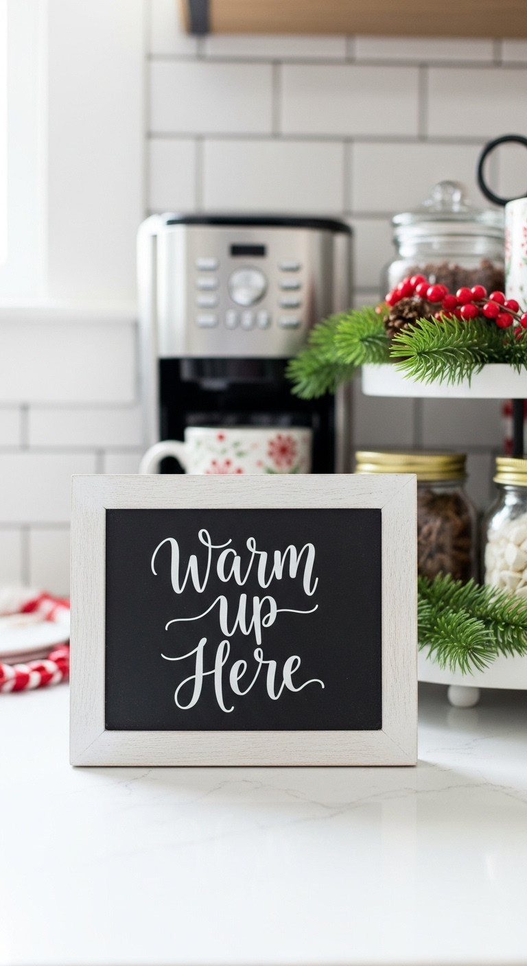 Framed chalkboard sign reading Warm Up Here leaning against a kitchen backsplash in a Christmas coffee bar