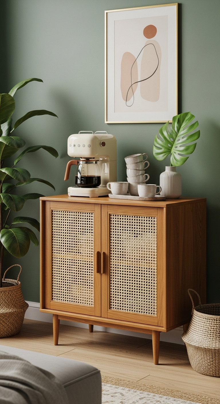 Freestanding mid-century modern coffee bar cabinet with rattan doors teak wood retro coffee maker and monstera leaf in a sage green living room