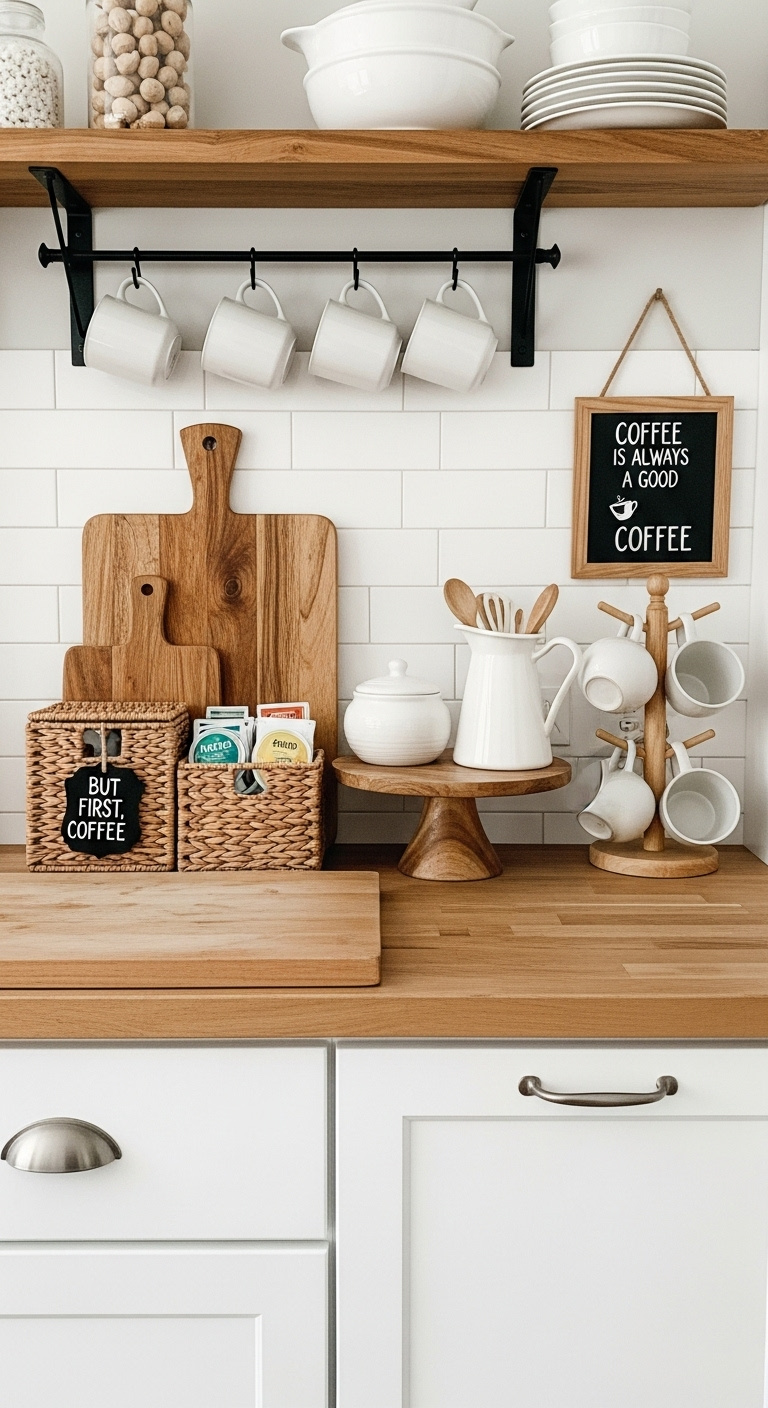 Fresh farmhouse coffee nook with clean white surfaces, light wood accents, wicker basket, and white ceramic mugs on a riser