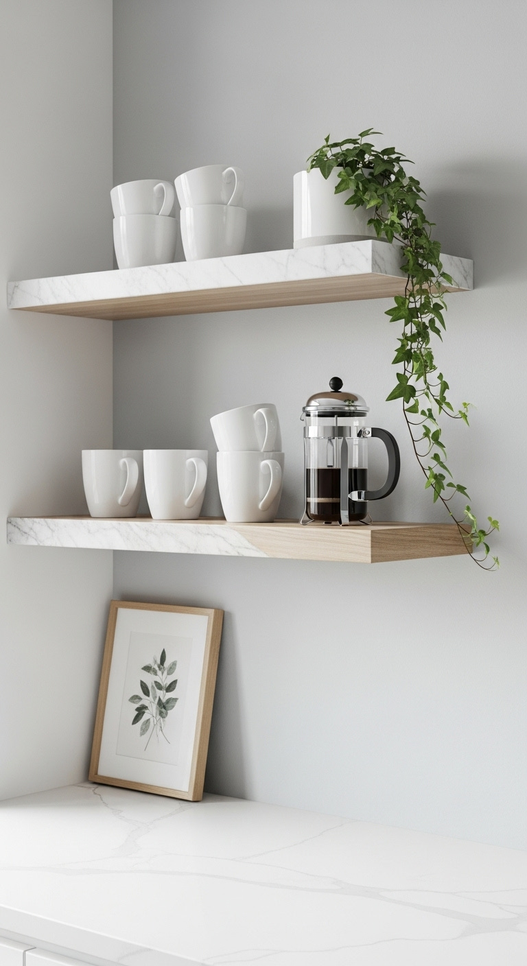 Fresh modern white coffee bar with shaker cabinets and espresso setup