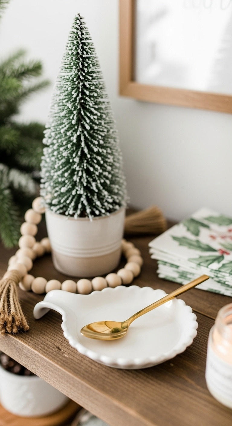 Frosted mini Christmas tree wooden bead garland and ceramic spoon rest with gold spoon on a rustic wooden shelf