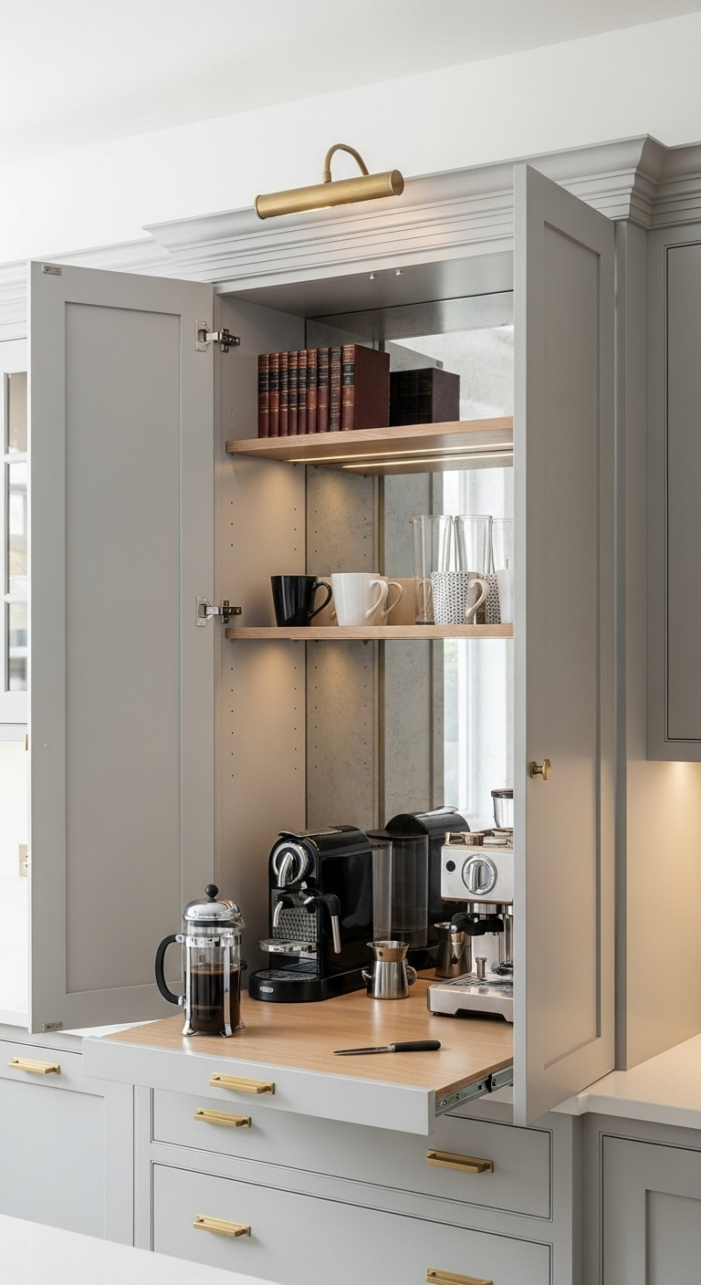 Full-height light gray shaker cabinet open to reveal a mirrored coffee station with pull-out shelf and French press