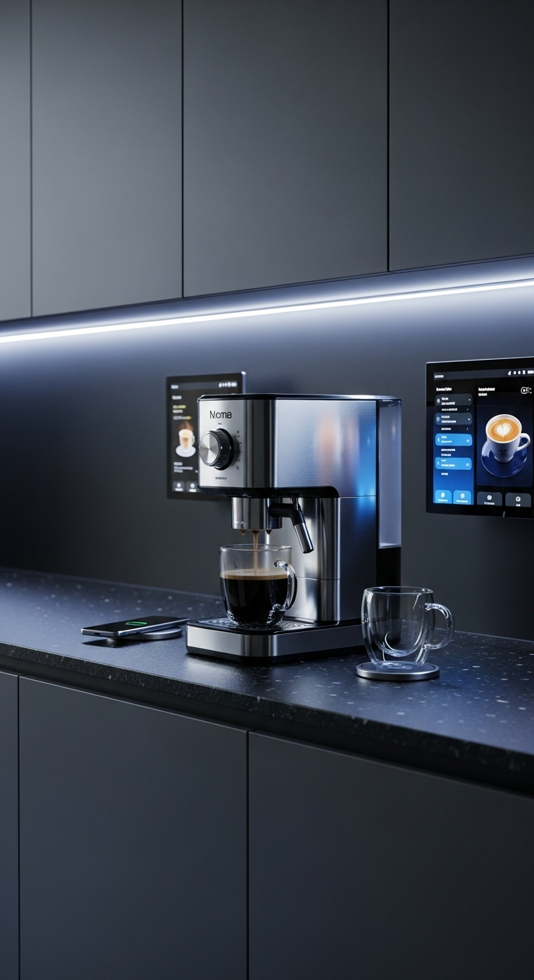 Futuristic tech-integrated smart coffee bar with stainless steel smart coffee maker and display on black granite in dark gray cabinets
