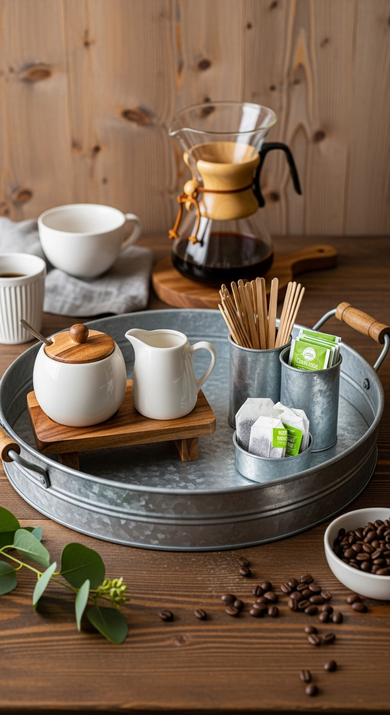 Galvanized metal and wood coffee bar combo with sugar creamer stir sticks tea bags and Chemex on a dark wood countertop