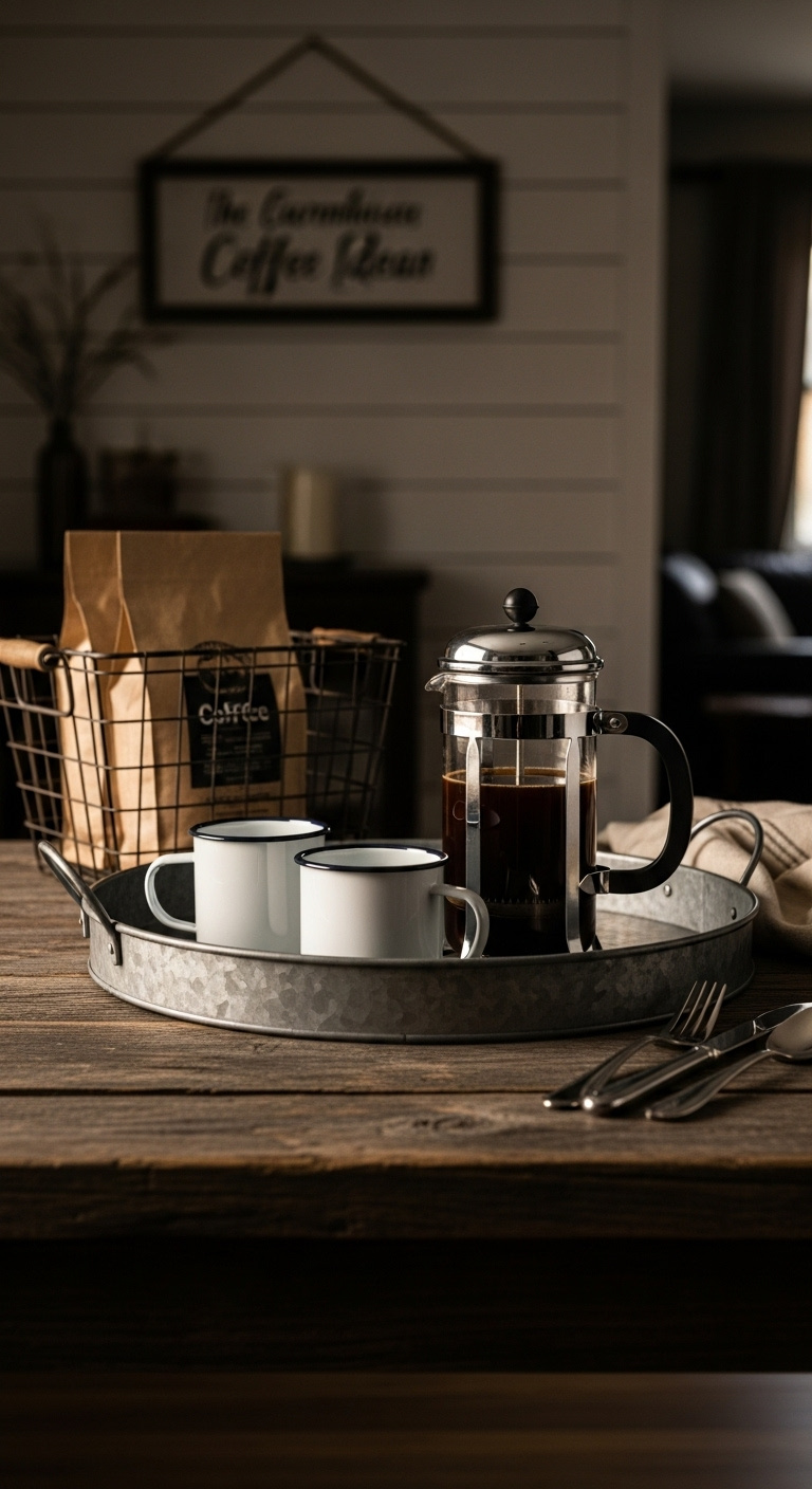 Galvanized metal and wood combo coffee bar with French press enamel mugs wire basket and rustic wood sign on shiplap wall