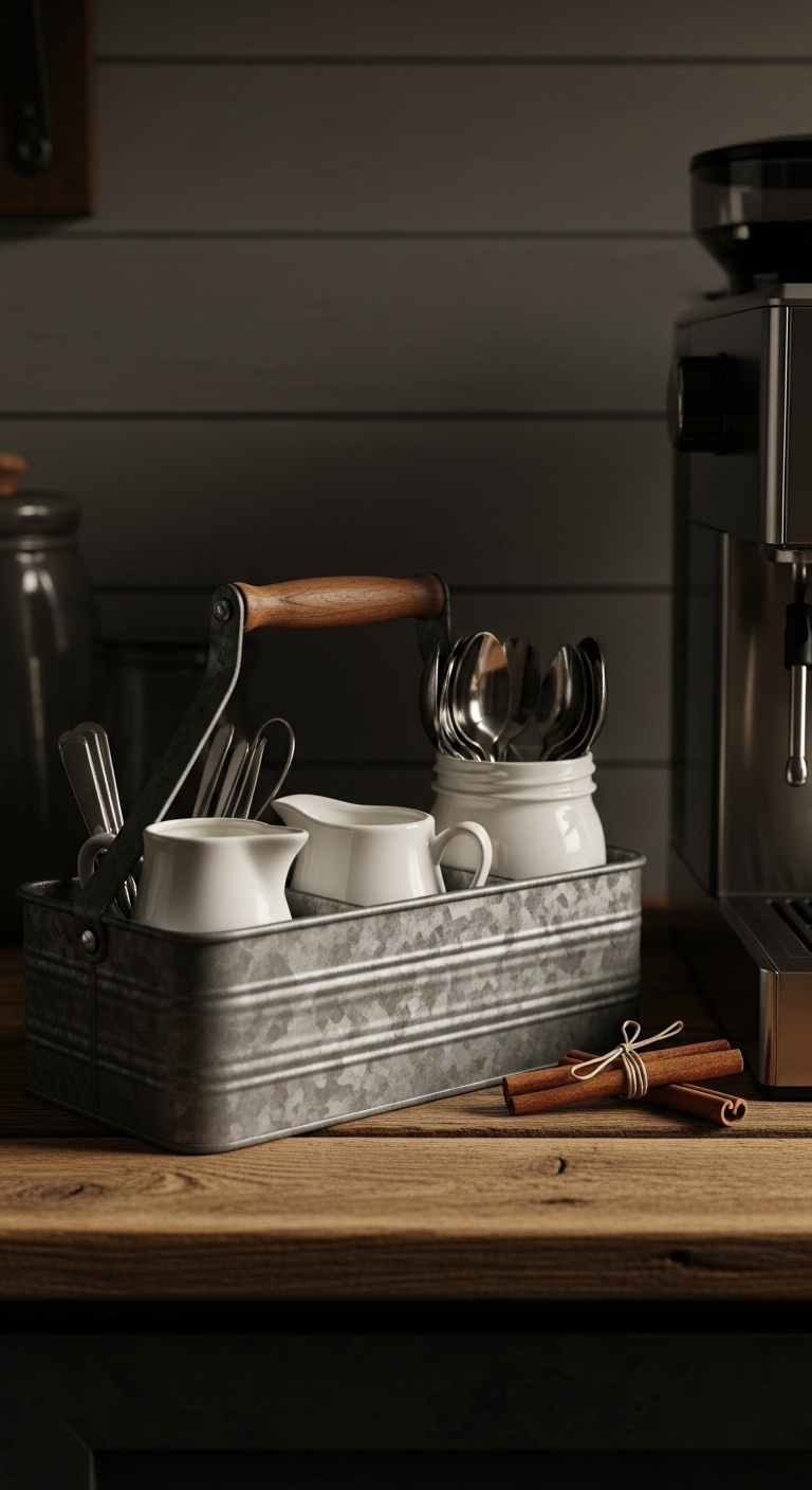 Galvanized metal utensil caddy with wooden handle holding creamers and spoons next to coffee machine on rustic wood countertop