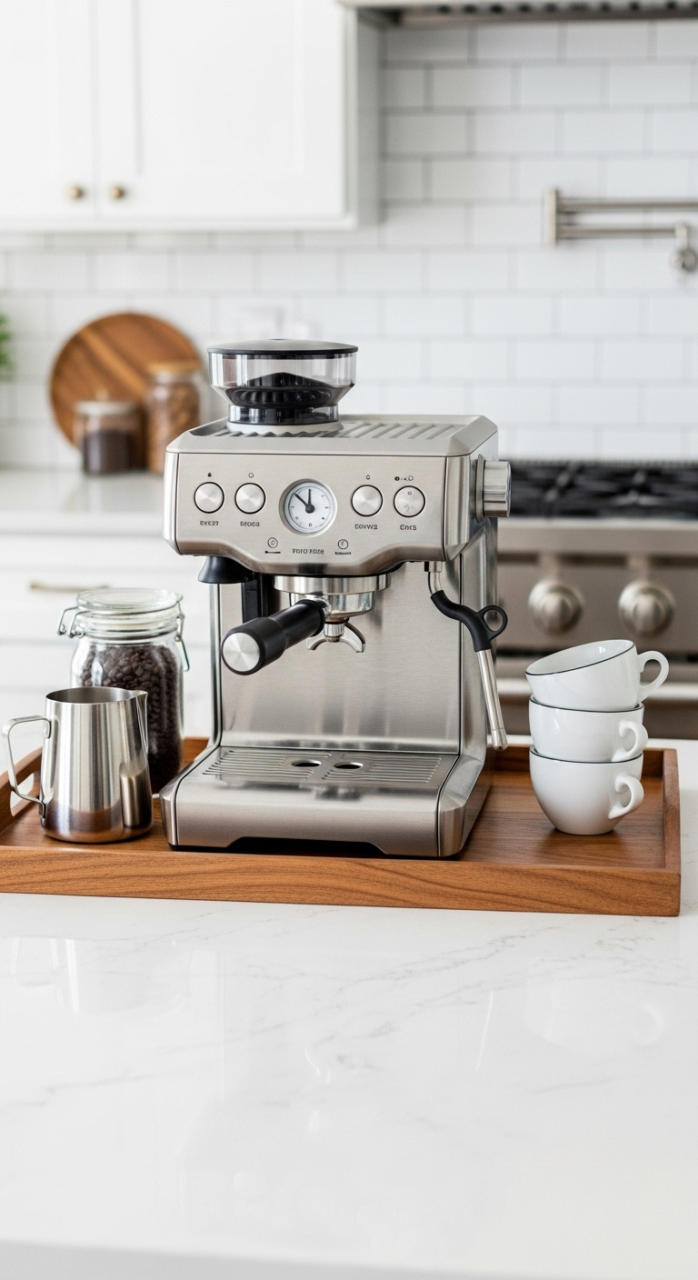 Genius coffee bar ideas showcasing espresso machine on marble countertop